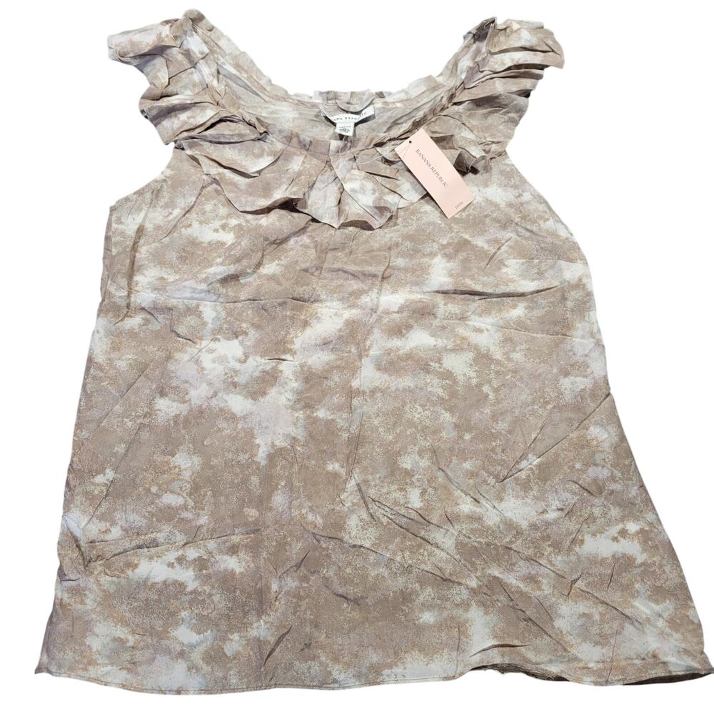 Banana Republic Silk Tan Tank Top NEW Womens Petite Size M White Abstract Ruffle